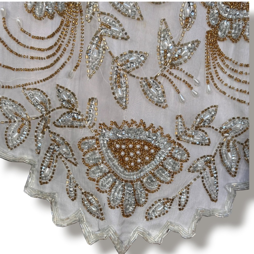 Laurence Kazar Silk Beaded Floral Blouse White Gold Silver 2X Vintage Blouse - Picture 3 of 10
